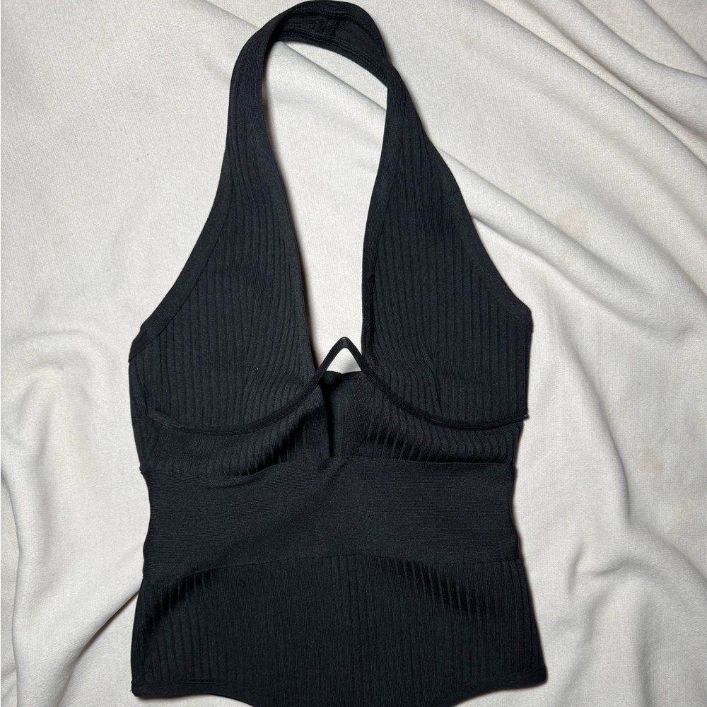 Black Ribbed Halter Bodysuit